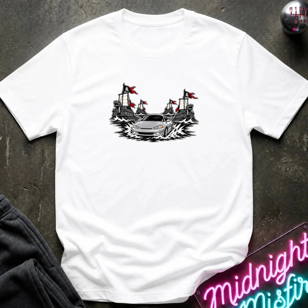 A white short-sleeved t-shirt that shows fleet of geobuksun and a silver shark car leading it.