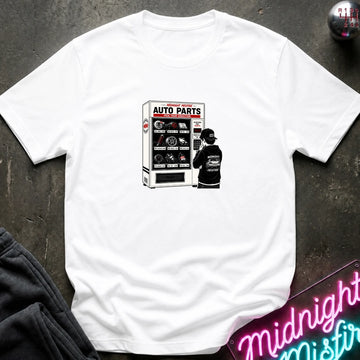A white short sleeved t-shirt featuring a person in front of a vending machine  with car parts.