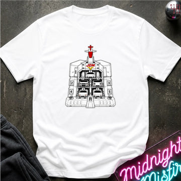 A white short-sleeve crewneck t-shirt laid flat on a dark textured surface, featuring a black and white graphic of the JDM (Japanese Domestic Market) cars in a launch bay.