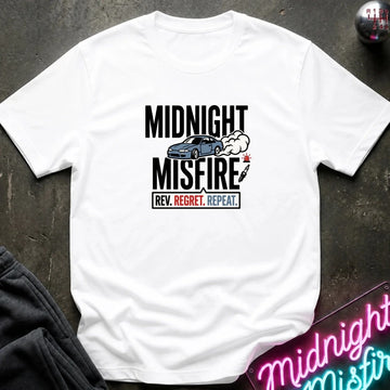 A white short-sleeve graphic T-shirt laid flat on a dark textured surface. The shirt features a black text design reading 'MIDNIGHT MISFIRE' with a blue car illustration, smoke, and a small red star, plus the phrase 'REV.