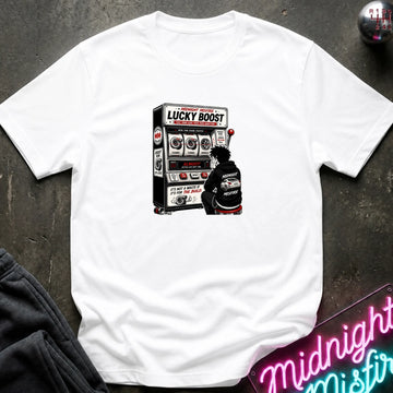 A white short-sleeve crewneck t-shirt with a graphic print of a person playing a slot machine labeled 'LUCKY BOOST'. The shirt is displayed flat on a dark textured surface with a neon sign and dark pants partially visible in the corners.