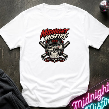 A white graphic t-shirt laid flat on a dark textured surface. The shirt features a central graphic of a skull wearing a racing helmet with crossed pipes behind it, and the text 'MIDNIGHT MISFIRE' and 'NO CLEAN IDLE'.