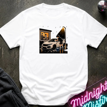 A white short-sleeve crewneck t-shirt laid flat on a dark textured surface, featuring a central graphic print of a white sports car in a rainy street scene. 