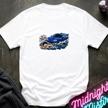 A white short-sleeved t-shirt that has a blue car chasing a swimmer in open water.