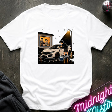 A white short-sleeve crewneck t-shirt laid flat on a dark textured surface, featuring a rectangular graphic print of a person washing a white sports car in the rain.