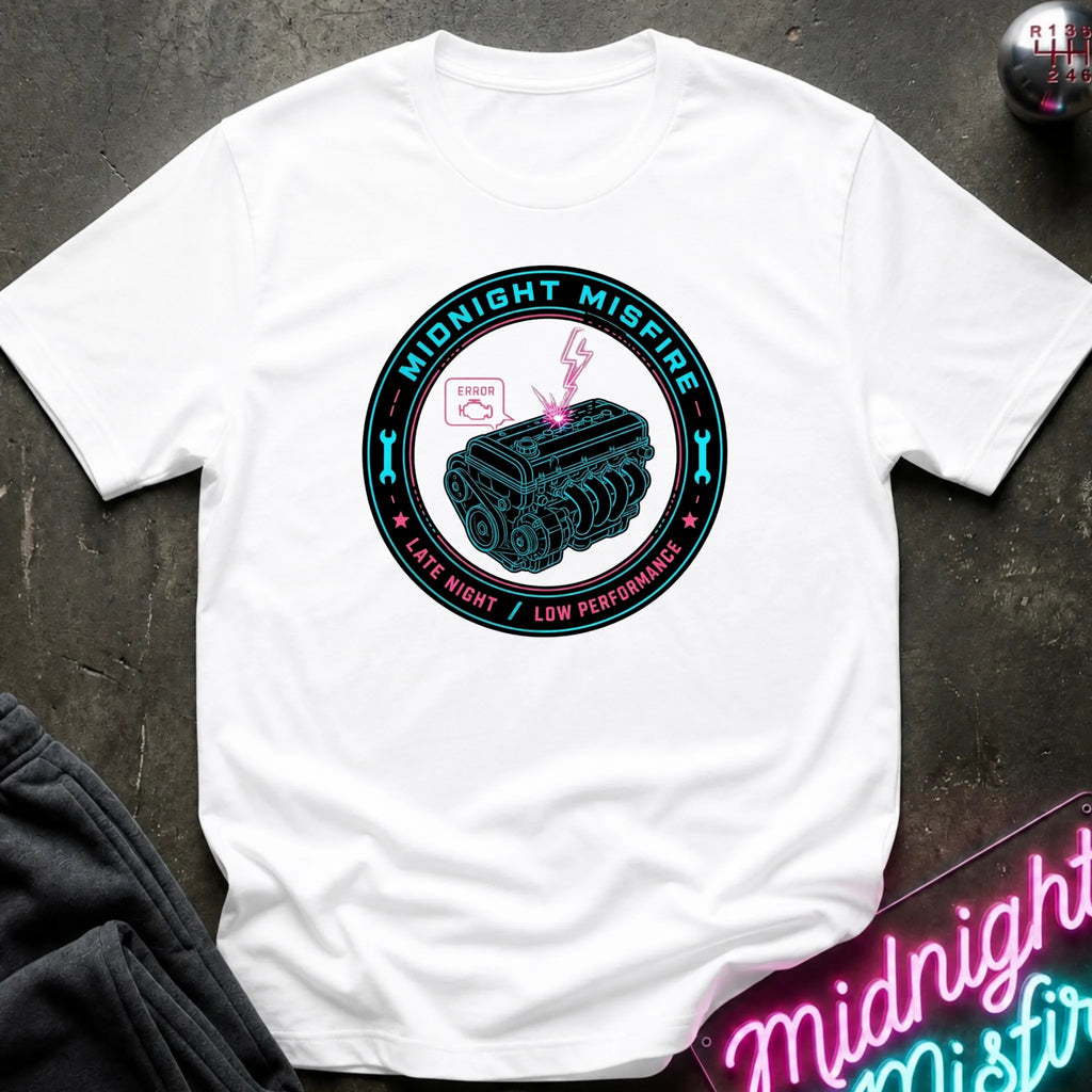 A white short-sleeve t-shirt laid flat on a dark textured surface, featuring a circular graphic print with a teal engine illustration and the words 'Midnight Misfire' and 'LATE NIGHT / LOW PERFORMANCE.' Partial dark clothing and a neon sign are visible at the edges as styling props.