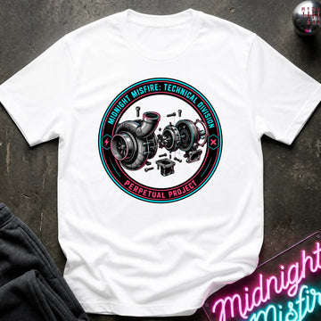 A white short-sleeve t-shirt laid flat on a dark textured surface, featuring a circular graphic of a disassembled turbocharger with the text 'MIDNIGHT MISFIRE: TECHNICAL DIVISION' and 'PERPETUAL PROJECT'.