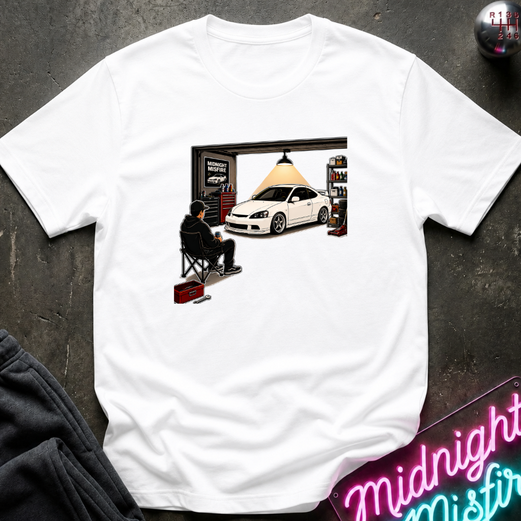 A white short-sleeve crewneck t-shirt laid flat on a dark textured surface. The shirt features a graphic print of a man sitting in a chair in front of an open garage door, looking at a white sports car inside a garage.