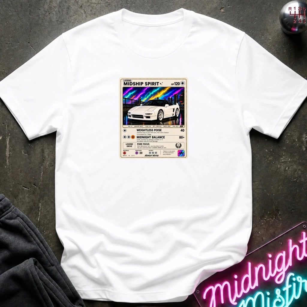 white crewneck t-shirt laid flat on a dark textured surface, featuring a graphic print of vintage card and a car.