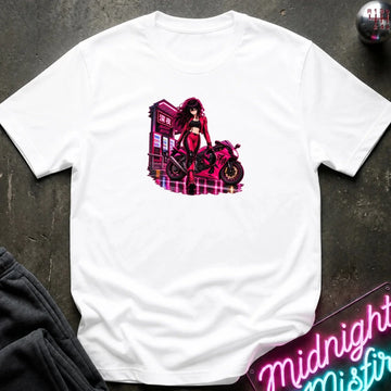 A white short-sleeve crewneck t-shirt laid flat on a dark textured surface, featuring a vibrant pink and red graphic of an anime-style woman with a motorcycle.