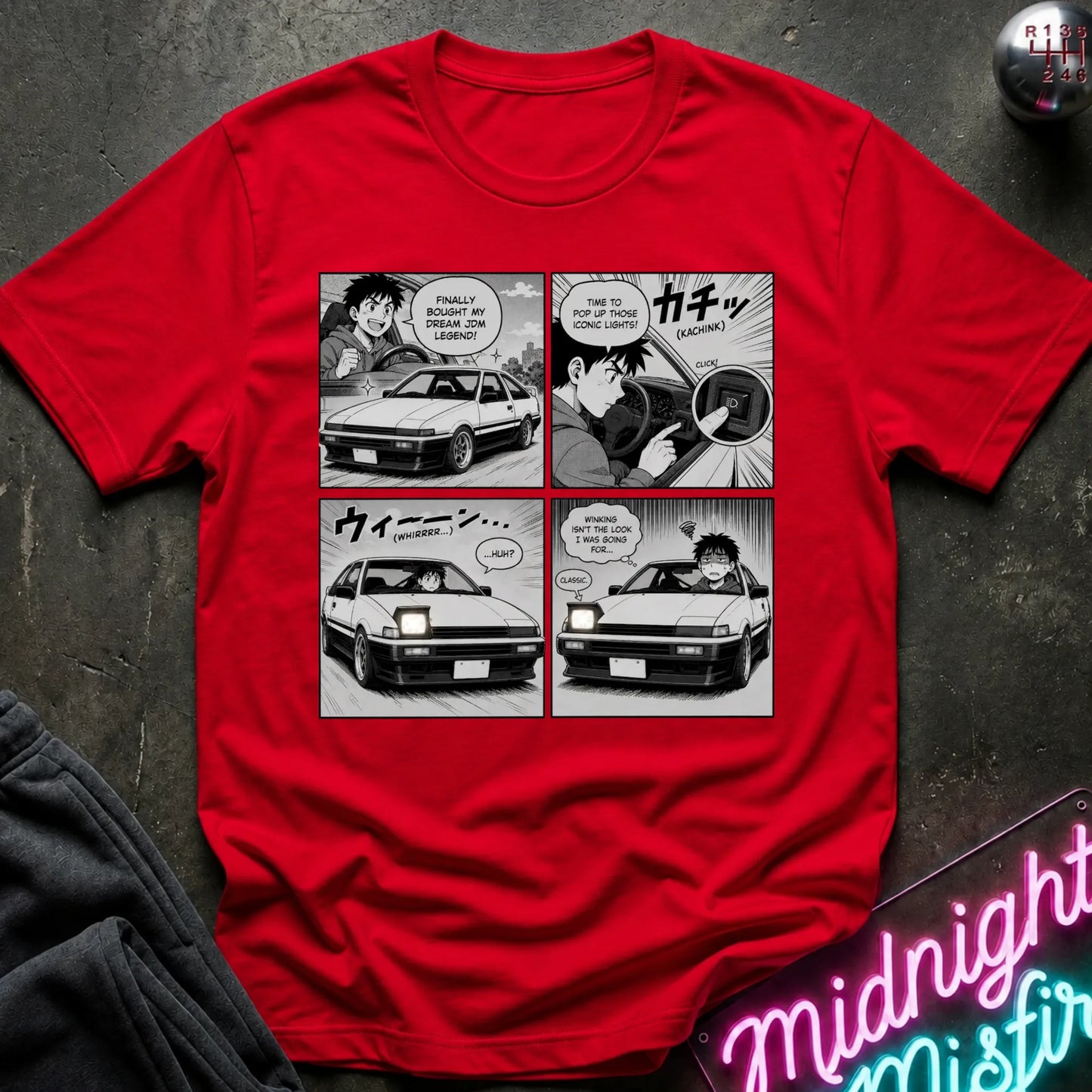 Red short-sleeve graphic t-shirt laid flat on a dark textured surface. The graphic features the text 'WEIGHT REDUCTION? NEVER HEARD OF HER.