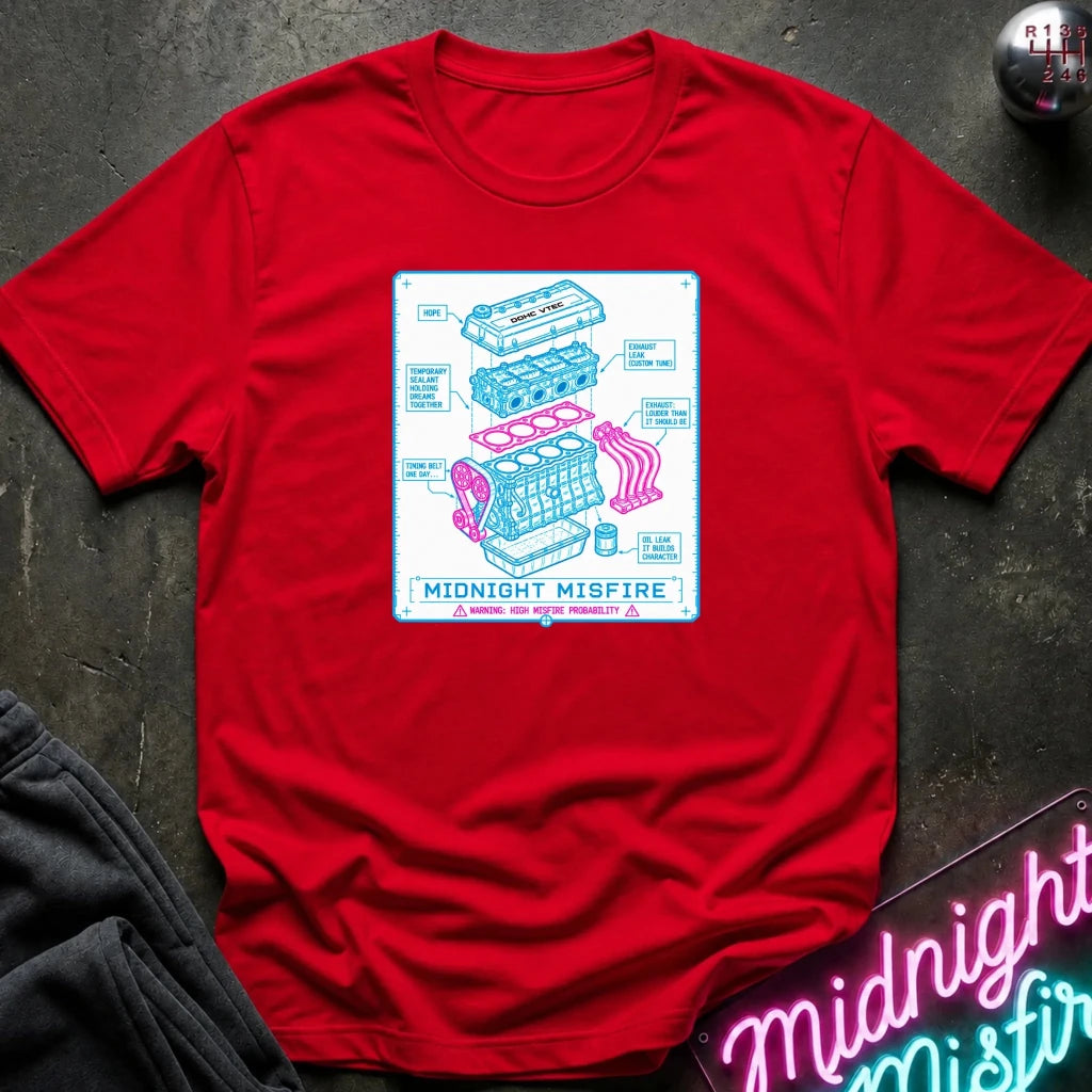 red short-sleeve graphic T-shirt laid flat on a dark textured surface. The shirt features a centered rectangular print with a light blue and pink exploded-style engine diagram and the text 'MIDNIGHT MISFIRE.