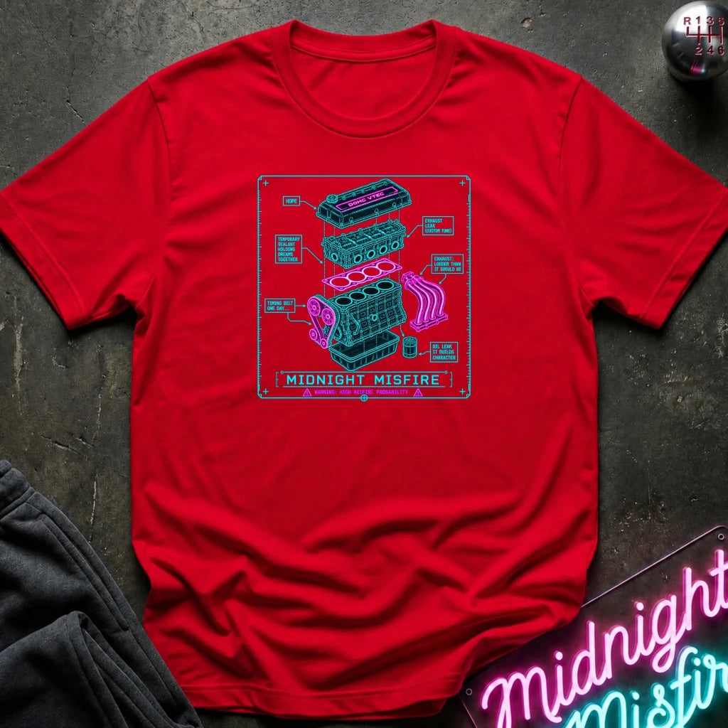 red short-sleeve graphic T-shirt laid flat on a dark textured surface. The shirt features a centered rectangular print with a light blue and pink exploded-style engine diagram and the text 'MIDNIGHT MISFIRE.
