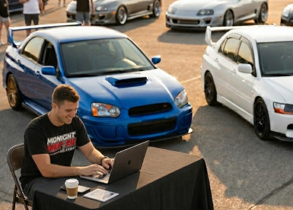 A man in a black t-shirt sits at a table with a laptop, with a blue Subaru WRX and a white Mitsubishi Lancer parked in the background at an outdoor car show.