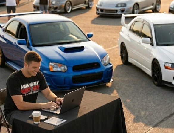 Man working on a laptop at a table with two sports cars in the background