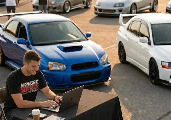 Man working on a laptop at a table with two sports cars in the background