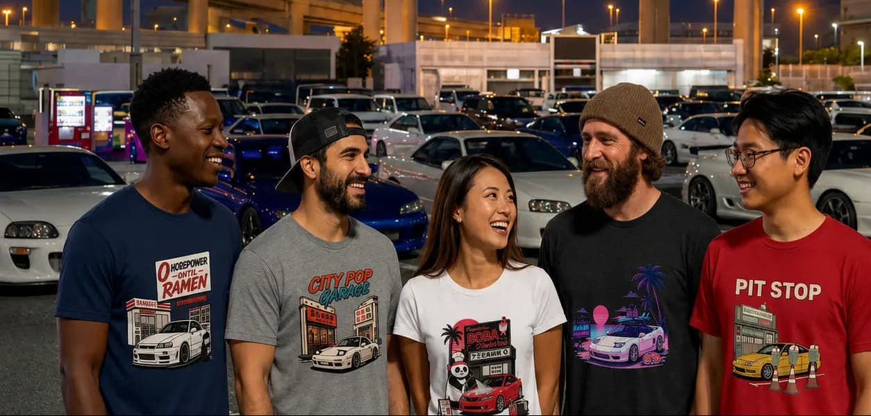 Five friends standing together in a parking lot at night, each wearing a graphic t-shirt with car-themed designs and text like 'CITY POP' and 'PIT STOP'.