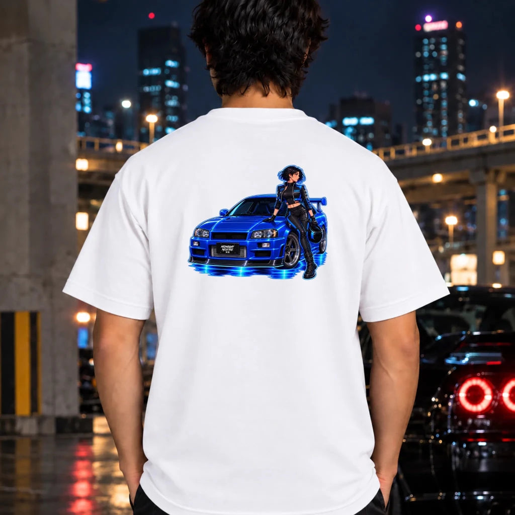 man wearing a white t-shit featuring a graphic print of a blue sports car with glowing blue neon lights and an anime-style woman in a black outfit. 