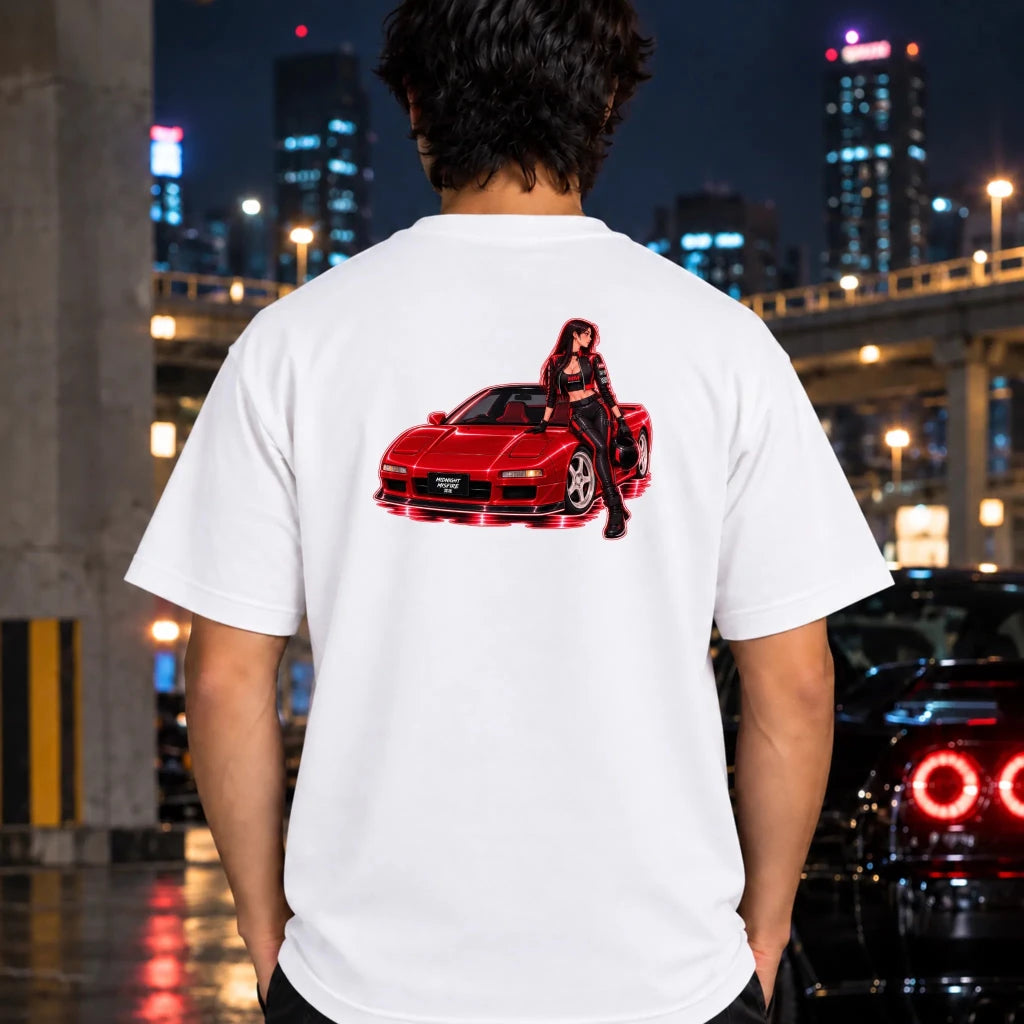 man wearing a white t-shirt featuring a graphic print of a red sports car with a woman leaning on it. 
