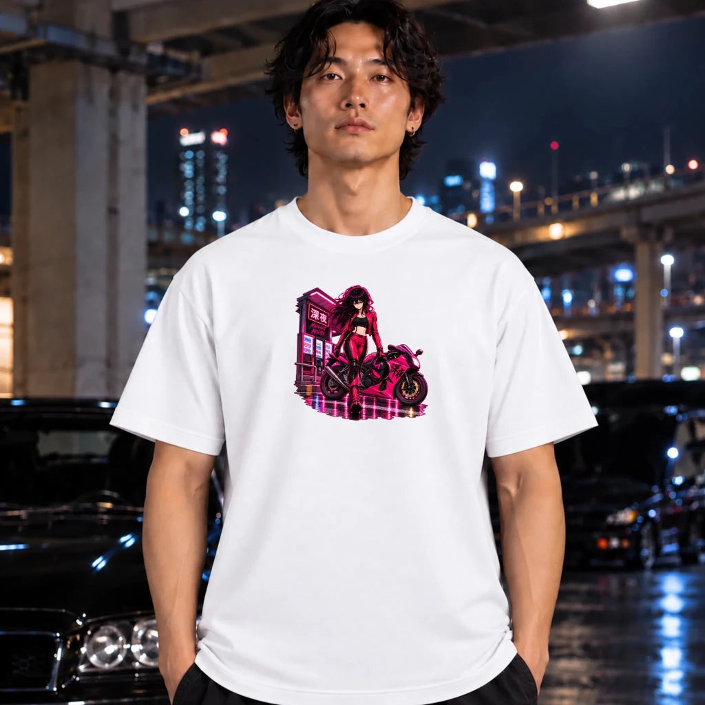 white short-sleeve t-shirt on a man, featuring a colorful graphic print of an anime-style woman in a red outfit standing next to a pink motorcycle in front of a neon sign. 