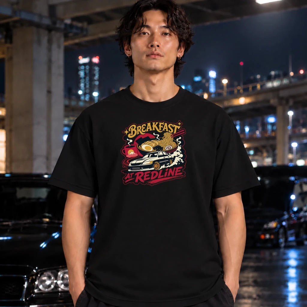 A man wearing a white crewneck t-shirt with a colorful graphic print of a car and palm trees, standing in front of a blurred night city background with cars.