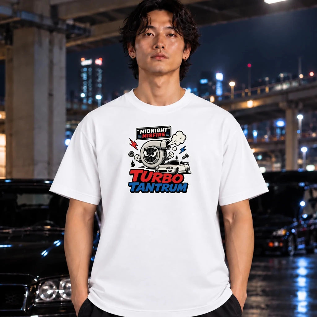man wearing a white t-shirt with a 'Midnight Misfire Turbo Tantrum' graphic on the chest,