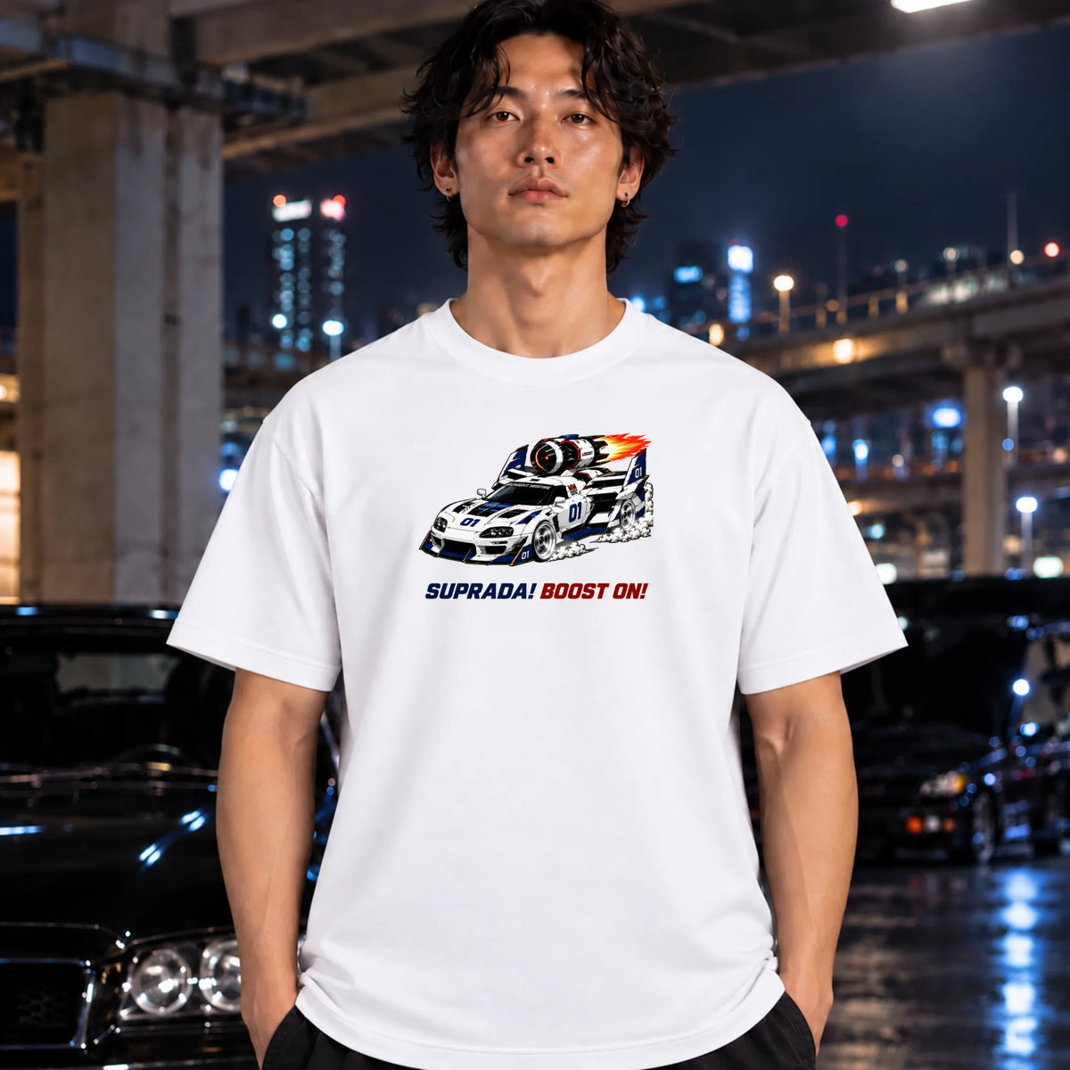 man wearing white t-shirt featuring a black and white graphic print of a motorcycle racer, a sports car, and a jet plane.