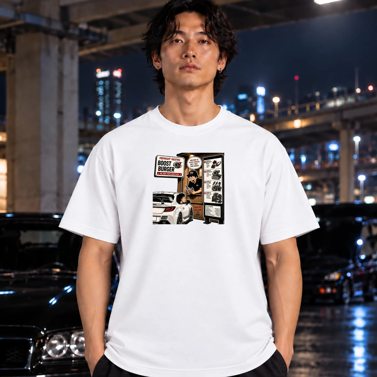 man wearing white short-sleeve crewneck t-shirt with a retro-style graphic print on the front depicting a fast-food burger scene with a car and a sign reading 'BOOST BURGER'. 