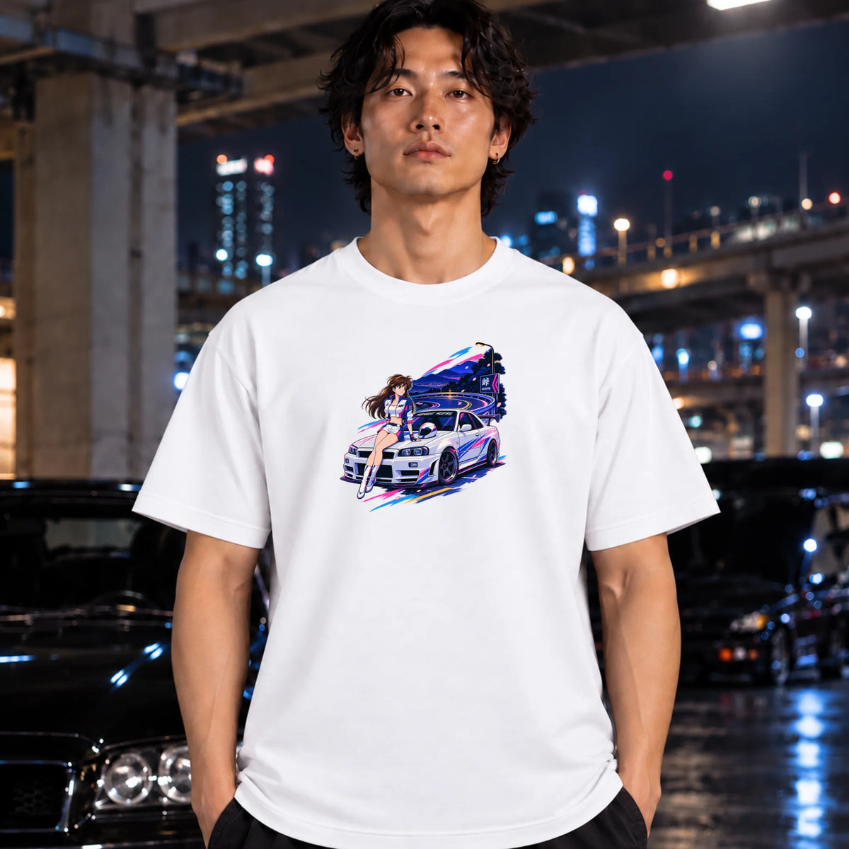 white shirt worn by a man featuring a colorful graphic print of a white sports car and a woman in a neon-lit scene. 
