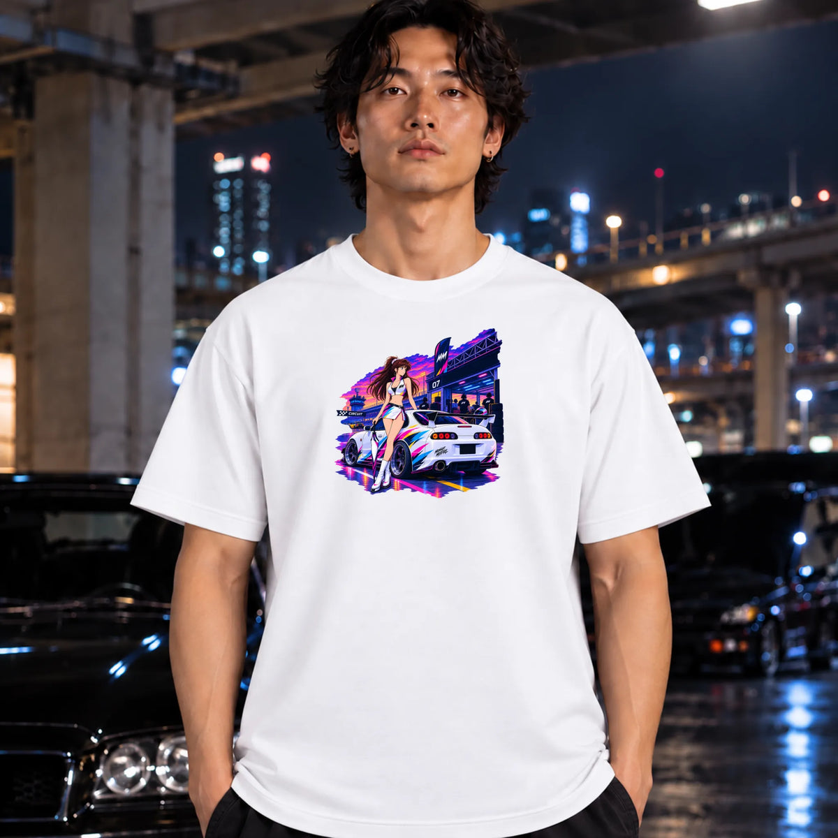 white t-shirt worn by a man, featuring a colorful graphic print of a white sports car and a woman in a neon-lit scene. 