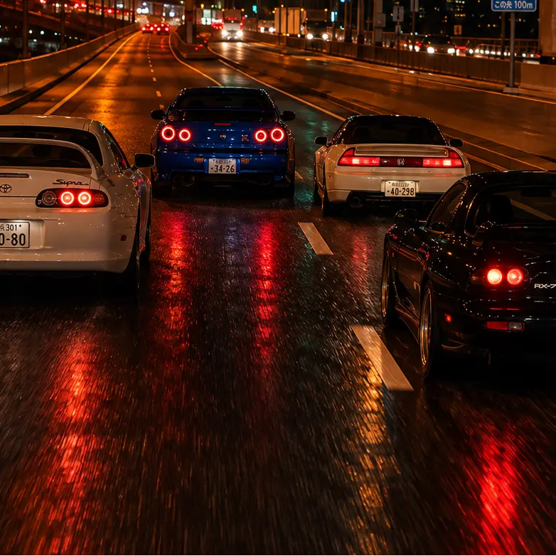 4 cars travel on a wet nighttime highway bridge, with bright red taillights reflecting on the rain-slicked road. 